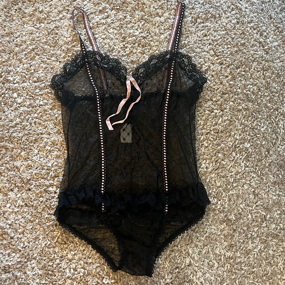 Stretch mesh black polka dot soft goth bodysuit with lace and ruffles layering